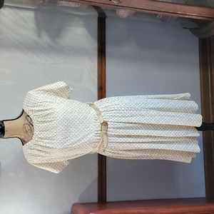 Vintage white green polkadot with gold belt midi dress 40" bust 38" waist